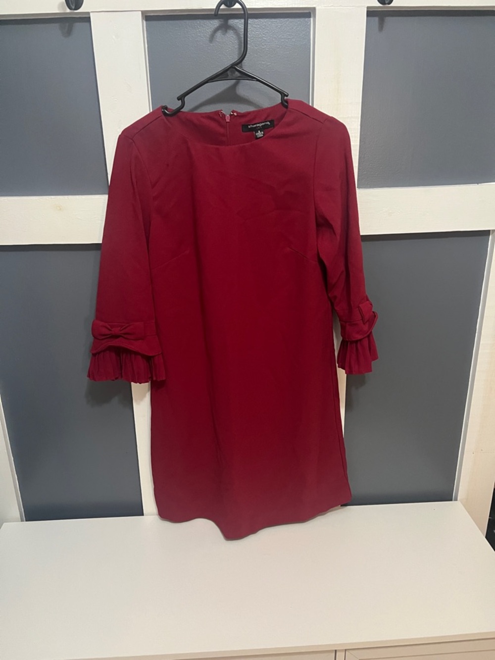 Burgundy Women's Shift Dress with Ruffle Sleeve Detail